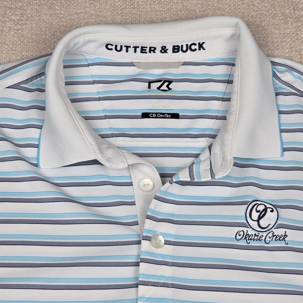 Cutter & Buck Mens CB DryTec Okatie Creek Striped Golf‎ Polo Shirt Blue White L